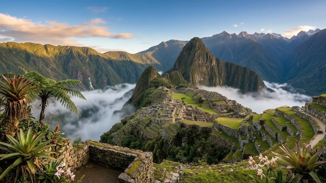 Machu Picchu al amanecer con la neblina en el valle